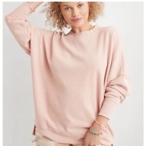 Aerie The Happiest Textured Oversized Crew‎ Sweatshirt Paper Pink XL